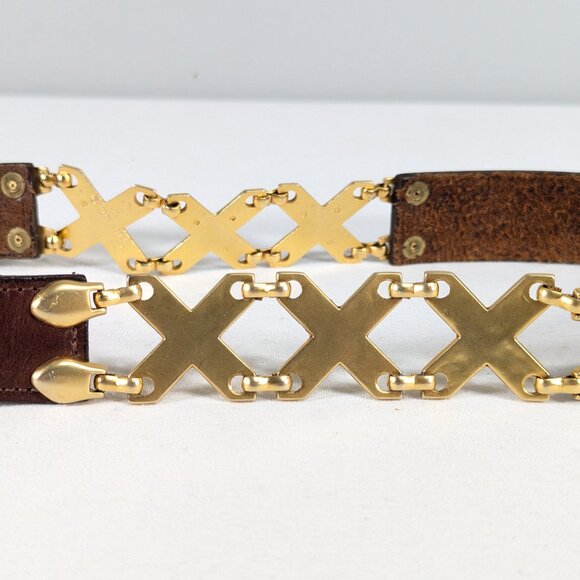 Kudos genuine leather belt chestnut brown + gold tone XXX accents made in Spain - Picture 2 of 11